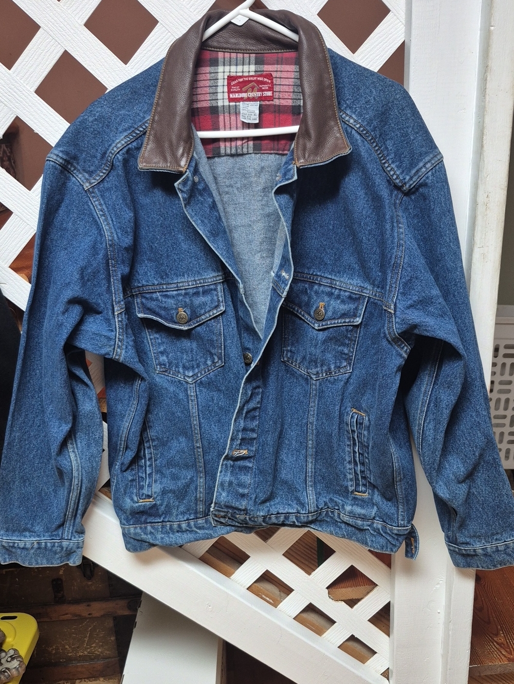 Vintage Marlboro 1990s Denim Jacket with Leather Collar - Blue / Brown
